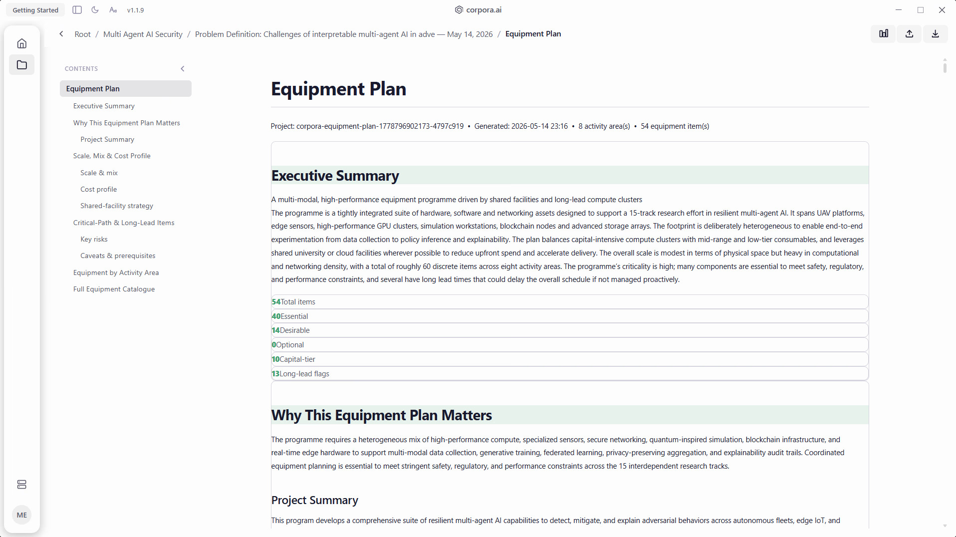 Equipment Planning output