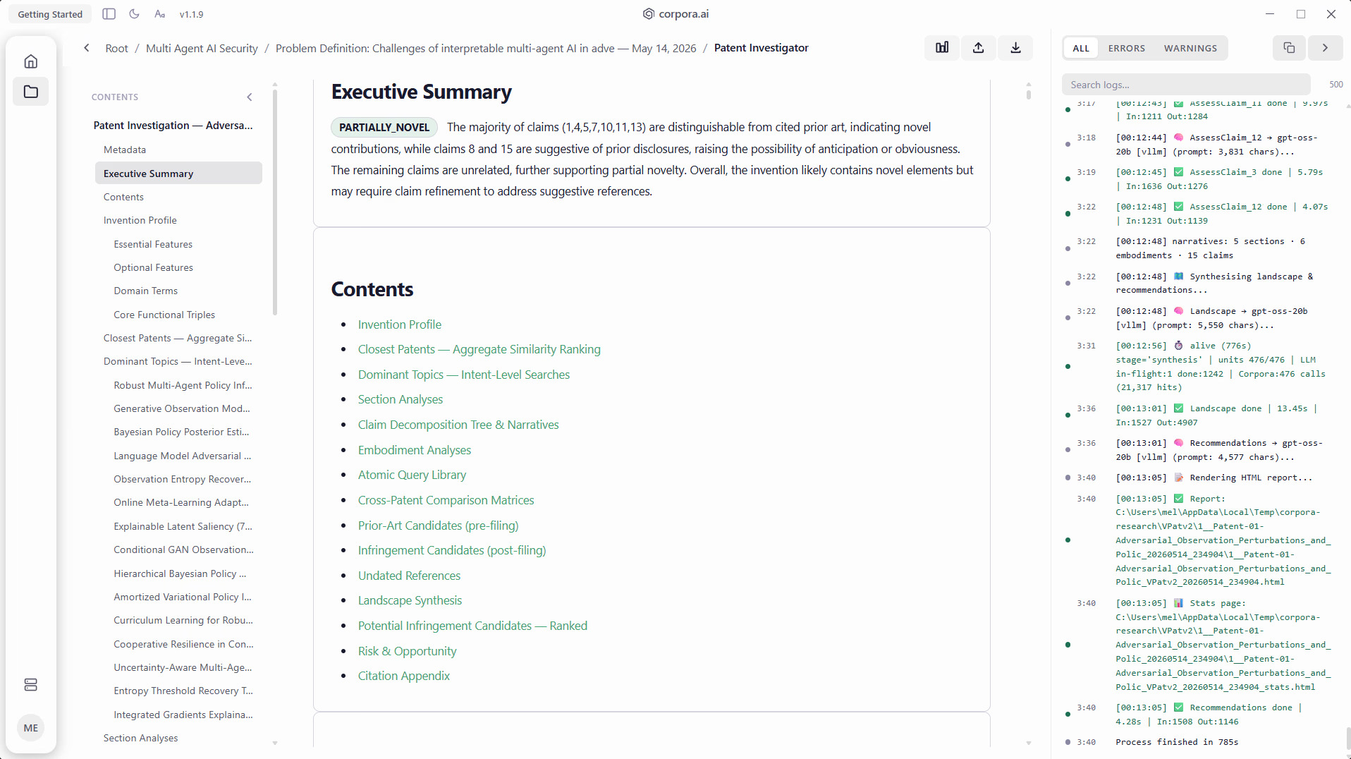 Patent investigator output